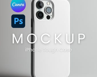 May include: A white iPhone Tough Case mockup. The phone case is white with a black border. The image includes the word "MOCKUP" in large white letters, and the text "iPhone Tough Case" below it. The Canva and Photoshop logos are in the upper left corner.
