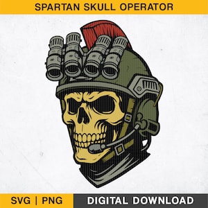 May include: A green and brown skull wearing a helmet with a red crest and multiple scopes attached. The skull has a menacing expression and is wearing a tactical headset.