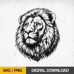 トライバルスタイルのライオンヘッドSVG、PNG | Cricutシルエット用のシャープな線画カットファイル | 野生動物のクリップアート | すぐにダウンロード