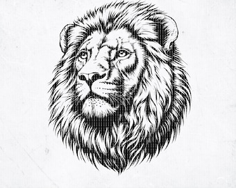 May include: Black and white line art illustration of a lion's head with a thick mane. The lion is looking to the right.