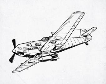 Messerschmitt BF-109 Aircraft Line Drawings (SVG & PNG, Digital
