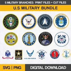 US Military Logos Bundle | 32 Logos SVG, PNG | Military Emblems for Laser Cutting, Engraving, Printing, Veteran Gifts, Cricut & Glowforge