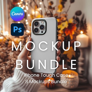 Fall & Halloween iPhone Case Mockup Bundle, 8 Mockups, Cozy Autumn Background, Canva PNG, PSD Smart Layers, Editable Phone Case Mockup