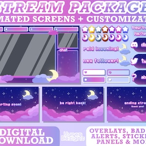 Animated Dreamy Twitch Stream Bundle Package | Overlays, Panels, Alerts, Sub Badges, VTuber, Layouts | Purple Pink Cloudy Cozy Aesthetic