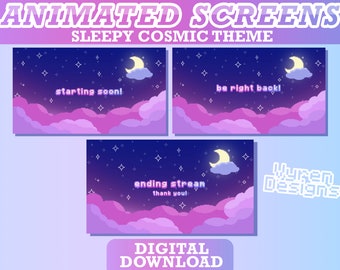 5x ANIMATED Twitch Cosmic Dreamy Purple & Pink Stream Screens | Moon, Cute, Cloudy, Sleepy Aesthetic, Starting, BRB, Ending, Offline Screen