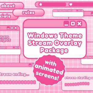 May include: Pink Windows Theme Stream Overlay Package with animated screens. Includes various pink-themed overlay elements such as chat boxes, social media buttons, and status bars. The design features a grid background and text like "stream ending..." and "stream starting soon..."