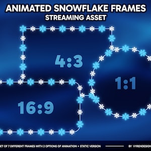 Puede incluir: Un conjunto de siete marcos de copos de nieve animados en azul y blanco, con tres relaciones de aspecto diferentes: 16:9, 4:3 y 1:1. Los marcos están hechos de copos de nieve y tienen un efecto brillante. El texto "ANIMATED SNOWFLAKE FRAMES" y "STREAMING ASSET" está en la parte superior de la imagen. El texto "SET OF 7 DIFFERENT FRAMES WITH 2 OPTIONS OF ANIMATION + STATIC VERSION" está en la parte inferior de la imagen.