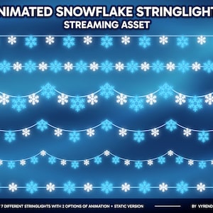 May include: Set of seven animated snowflake string lights with two options of animation and a static version. The lights are white and blue and are arranged in a row.