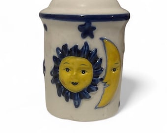 Vintage Sun Moon Stars Zout-/pepervaatje tandenstoker hemelgeel keramiek