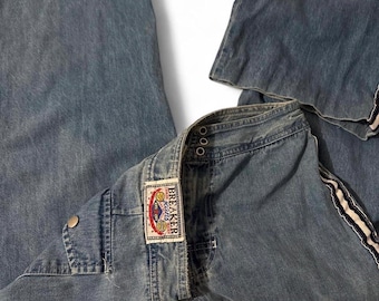 Jeans estilo vintage Y2K para mujer, modelo Breaker, pierna ancha, raya lateral, estilo rave skater, color azul, talla 9/10, 28x28”, 100% algodón, hechos en Colombia.