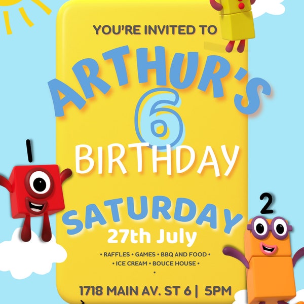 Number Blocks Birthday Invite- Custom Made Design- Number Blocks Themed- Number Blocks Invitation-Number Blocks Party