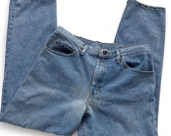 Jeans vintage Lee, taglia 34x31, lavaggio chiaro, vestibilità dritta, 100% cotone, anni '90, Y2K, Made in USA.