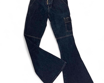 Y2K Bogazu Cargo Flare Jeans, Made in USA Dark Wash Denim, Drawstring Waist, Bell Bottom Jeans, Size 3/4 Waist 26, 2000s Streetwear