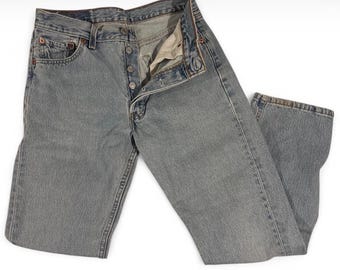 Vintage Levis 501 Jeans Demin Button Fly Light Wash 28x27 Straight Leg Made USA