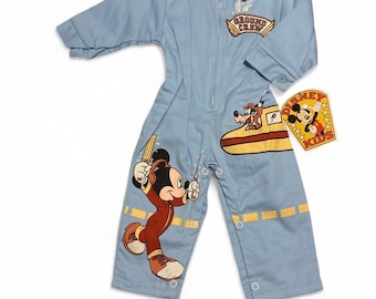 Zeldzame vintage Disney Mickey Mouse jumpsuit gebreid confetti Catton Bros jaren 90 baby 18 M vliegtuig grondpersoneel outfit retro kinderkleding