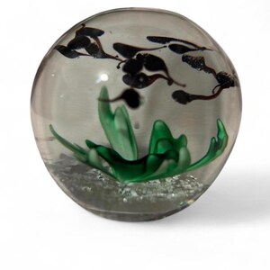 May include: A clear glass paperweight with a green and black design. The paperweight has a spherical shape, with a green, flower-like design at the bottom and black, abstract shapes floating above. The base has a textured, glittery appearance.
