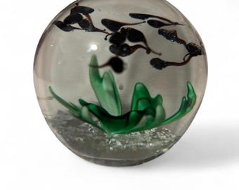 Vintage Dynasty Gallery Tadpole Paperweight, Hand Blown Art Glass Sculpture, Frog Spawn Nature Decor, Clear Green Glass Orb 4 Inch