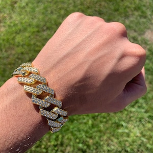 14k Gold Plated CZ Iced Prong Cuban Link Bracelet 20mm 8” Premium Bracelet Box Clasp