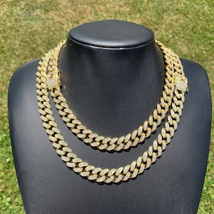 14-karatowy pozłacany łańcuszek z ogniwami kubańskimi o średnicy 13 mm, 18”, 20” 22” Naszyjnik typu choker z diamentami w kolorze lodu i zapięciem pudełkowym