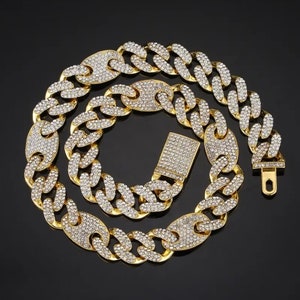 14k pozłacany cyrko 13 mm łańcuszek Figaro Cuban Link 18” 20” Iced out Premium Choker Necklace Box Clasp