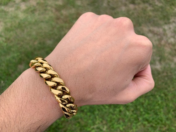 18k Gold Plated Miami Cuban Link Chain Bracelet 14mm 8” Men's