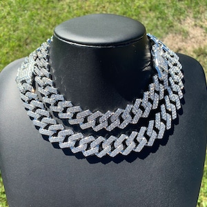 14k White Gold Plated 20mm Prong Cuban Link Chain 18” 20” Iced out Premium Choker Necklace Box Clasp