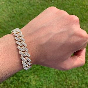 14k Gold Plated Iced Prong Cuban Link Bracelet 14mm 8” Premium Bracelet Box Clasp