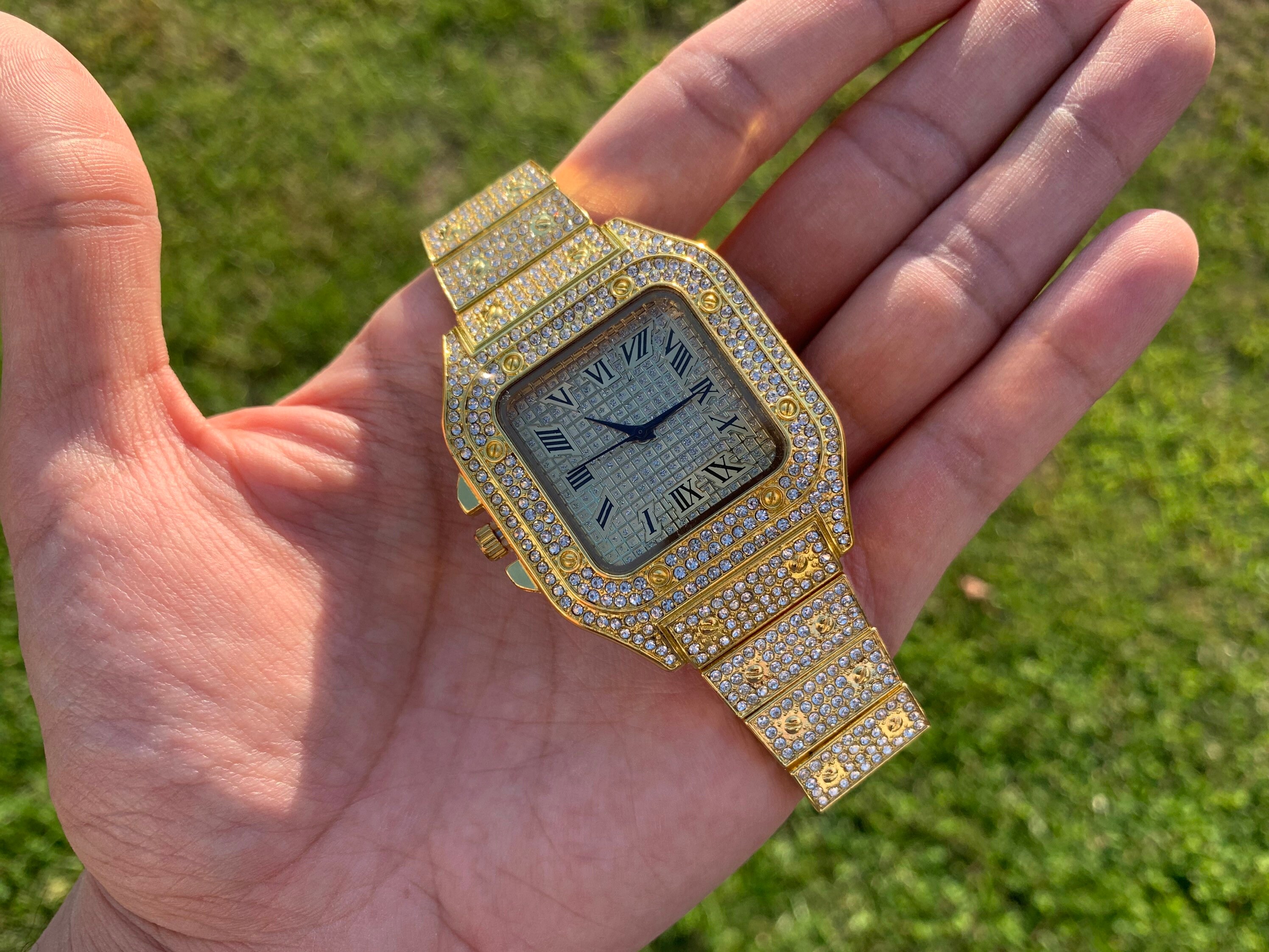 14k Gold Plated CZ Iced Out Watch Men Women Flooded Premium 