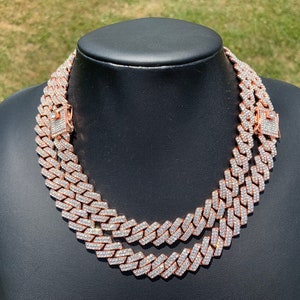 14k pozłacany różowym złotem 13 mm łańcuszek z ogniwami kubańskimi 18” 20” Iced out Premium Choker Necklace Box Clasp