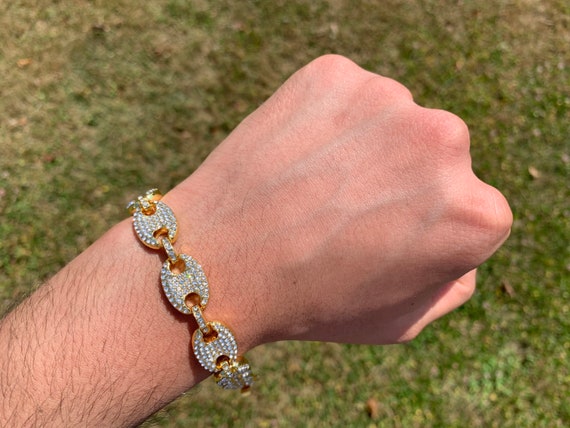 14k Gold Plated Iced Figaro Pig Nose Link Bracelet 13mm 8” Premium