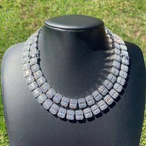 14k White Gold Plated Baguette Link Chain Necklace 12mm 18” 20” Men’s Women’s Premium