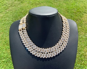 14k Gold Plated 14mm Prong Cuban Link Chain 18” 20” 22” Iced out Premium Choker Necklace Box Clasp Men’s Women’s