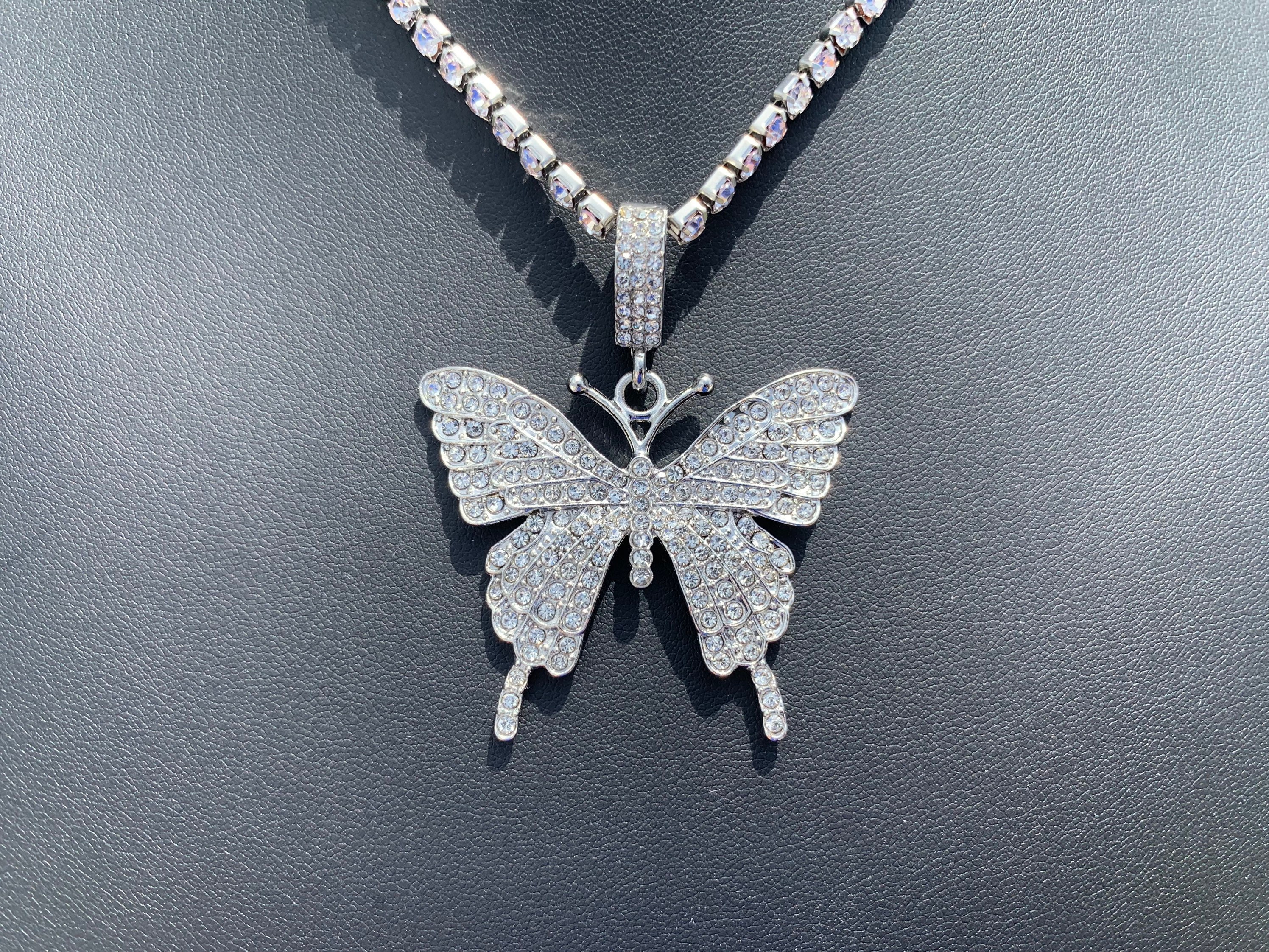 14k White Gold Plated Iced Butterfly Pendant With Tennis Chain 
