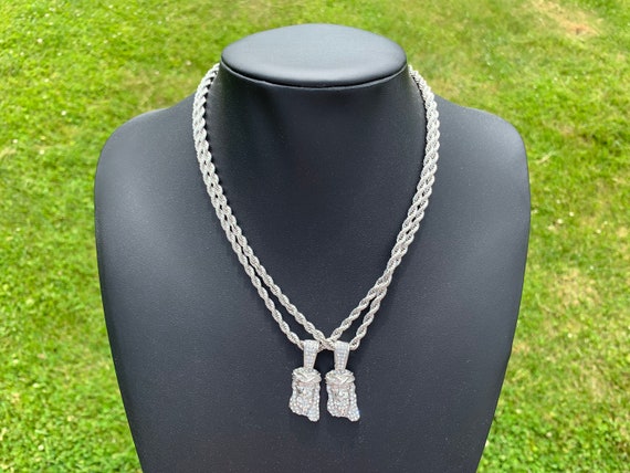 14k White Gold Plated White Gold Jesus Piece Pendant With Rope