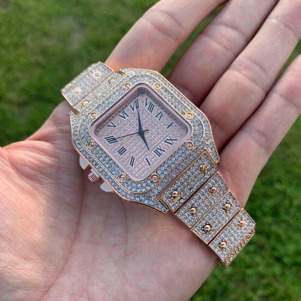 14k Rose Gold Plated Iced Out Horloge Heren Dames Flooded Premium Horloge Cadeau Hip Hop