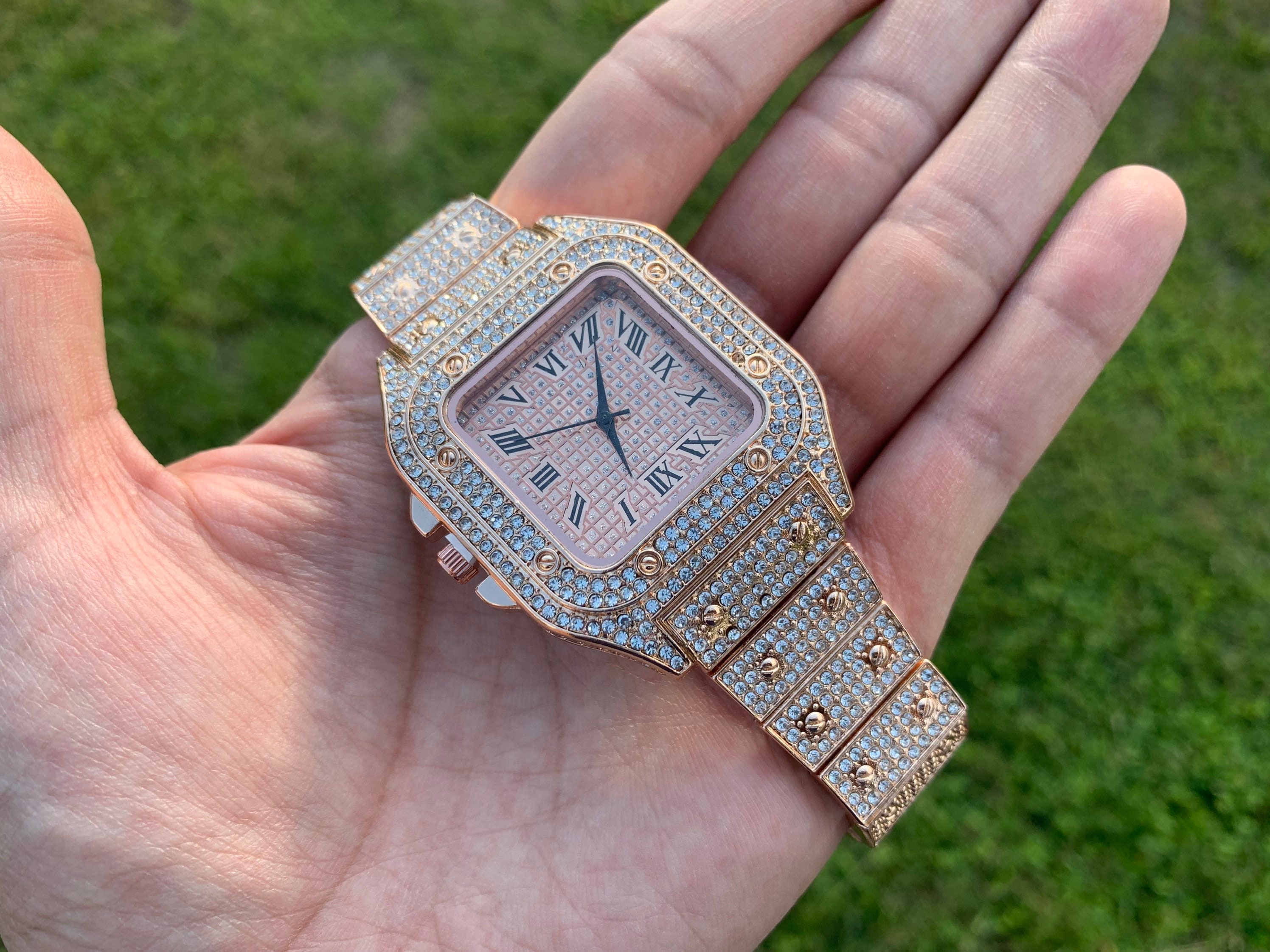 14k Rose Gold Plated Iced Out Watch Men Women Flooded Premium Watch Gift  Hip Hop 
