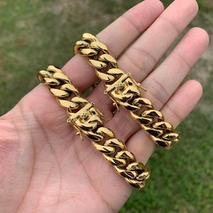 18k Gold Plated Miami Cuban Link Chain Bracelet 14mm 8” Men’s Women’s Box Clasp Stainless Steel