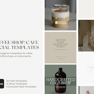 Könnte beinhalten: Eine Sammlung von Instagram-Vorlagen für Cafés und Coffee Shops. Die Vorlagen zeigen verschiedene Designs, darunter Text-Overlays mit Sätzen wie „Morning Coffee“ und „Handcrafted Cold Brew“ sowie Bilder von Kaffee und Croissants.