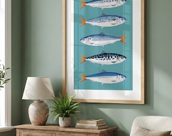 Grafika artystyczna z sardynką | Eklektyczna dekoracja ścienna do kuchni | Ilustracja ryby w stylu mid-century modern