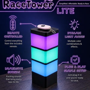 May include: A black and color-changing RaceTower LITE with a remote control. The tower has three illuminated sections in purple, teal, and blue. The text on the image says "Remote Controlled", "Dynamic Light Modes", "Immersive Sounds", and "Plug & Play Simple Setup".