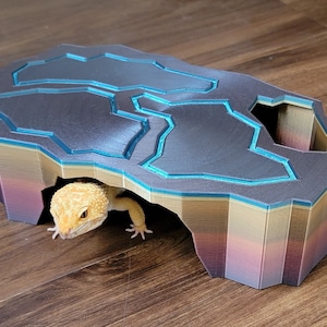 以下が含まれることがあります： 青とグレーのパターンが施されたトップと、マルチカラーのグラデーションのボトムを持つ、3Dプリントされた爬虫類の隠れ家。小さなトカゲが穴から顔を出しています。