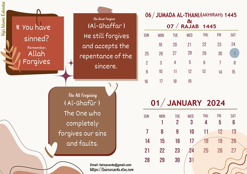 2024 Islamic Hijri Wall Calendar 1446 With Important Dates, Events