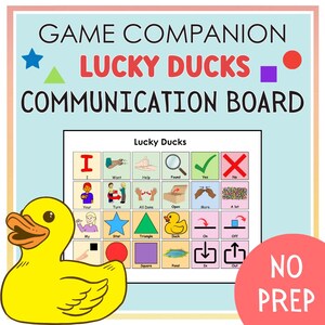 Op de afbeelding: Een communicatiebord met kleurrijke afbeeldingen en woorden voor kinderen. Het bord is getiteld "Lucky Ducks" en bevat woorden zoals "ik", "wil", "hulp", "gevonden", "ja", "nee", "jouw", "draaien", "alles klaar", "openen", "meer", "veel", "ster", "driehoek", "eend", "aan", "uit", "vierkant", "vijver", "in", en "uit".