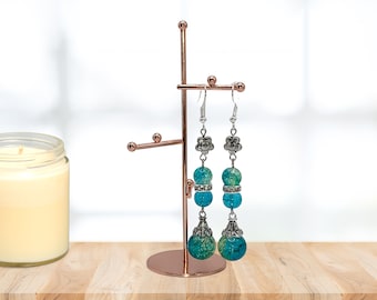 Frosted Glass Bead Dangle Earrings - Handmade Silver Plated Jewelry