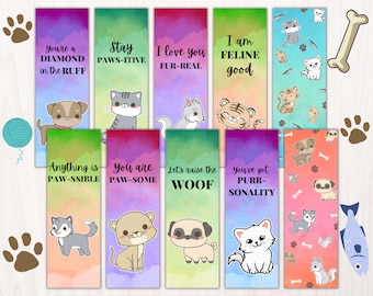 Watercolor Cat and Dog Bookmarks, Animal Puns (Digital Download)