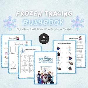 Puede incluir: Un libro de actividades digital con temática de Frozen para niños pequeños. La portada dice "Frozen Activity Book" con personajes de la película. El libro incluye actividades de trazado, emparejamiento y conteo. El texto "Frozen Tracing Busybook" está en la parte superior.