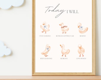 Positieve affirmaties muurkunst kinderkamerdecoratie, Today I Will | Inspirerende Silly Goose | Genderneutraal neutrale aquarelposter