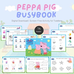 Op de afbeelding: Een Peppa Pig Busybook digitale download voor peuters. De afbeelding toont een verzameling activiteitpagina's met verschillende spelletjes en leeropdrachten. De cover toont Peppa Pig en haar familie. Het boek heeft 14 pagina's en is een schermvrije activiteit.