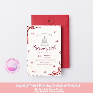 Tarjeta de invitación de cumpleaños elegante y femenina con lazo rojo coqueto editable / Plantilla digital Canva editable / Invitación para la primera fiesta de cumpleaños número 21