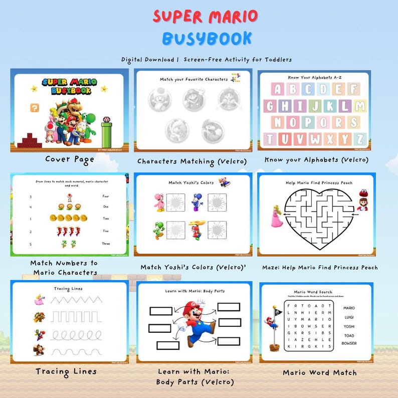 Mario Tracking Book Printable Super Mario Busy Book Printable Montessori Toddler Activity ...